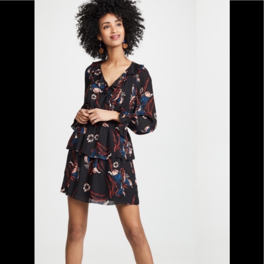 Joie Nour Black Floral Silk Ruffle Mini Dress M